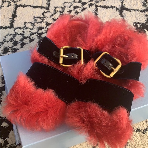 furry pink prada shoes